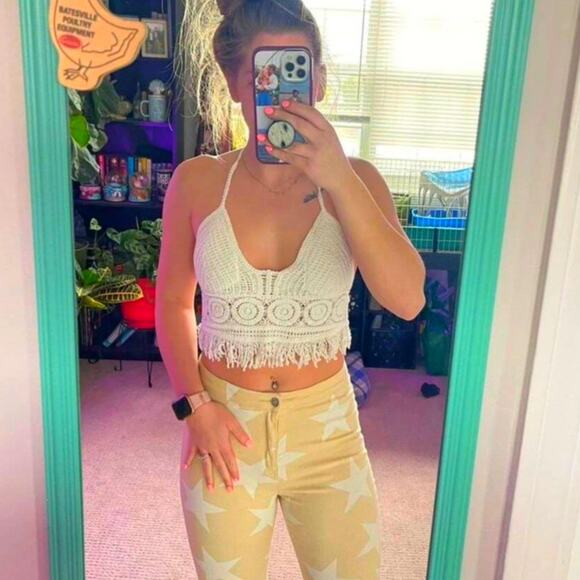 New Small White Crochet Knit‎ Fringe Halter Top Cami Crop Tank Padded Lined - Picture 2 of 4